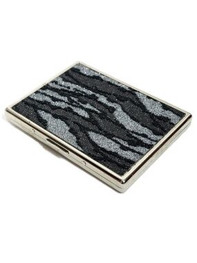 Glitter Zebra Pattern Metal Compact Cigarette Case.  Black & Silver Sparkle.